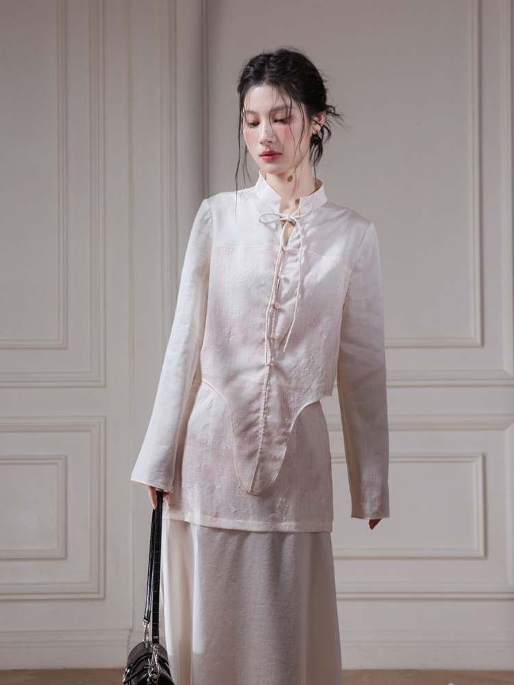 Chinese Style Flower Embroidery Shirt & Ruffle Hem Skirt