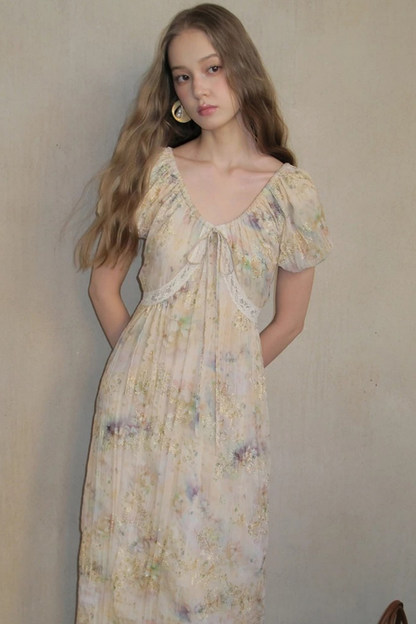 Embroidery Pleated Puff Sleeve Dress