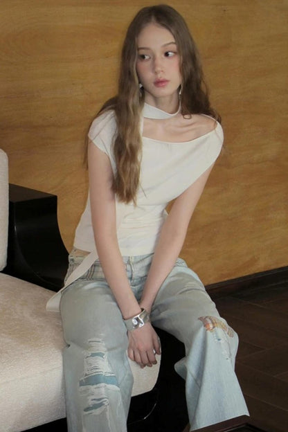 Milk White Asymmetrical Knit Top