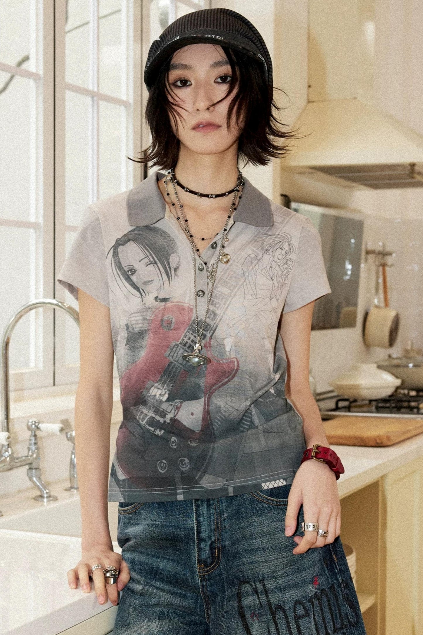Distressed Portrait V-Neck Top