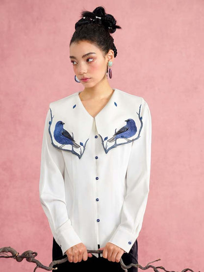 Blue Bird Embroidery Blouse