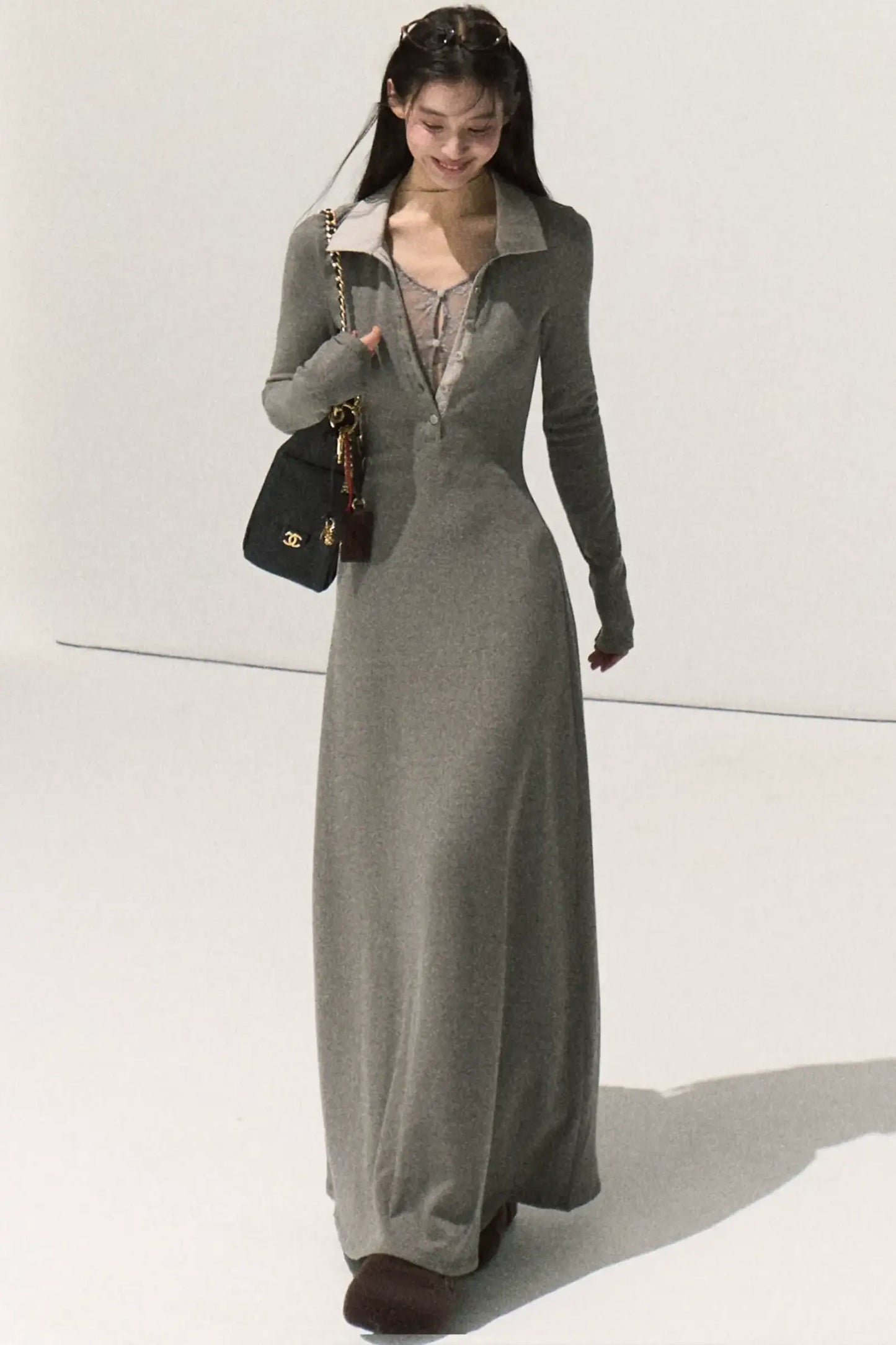 Plush Smoke Shirt Collar Dress Set-Up