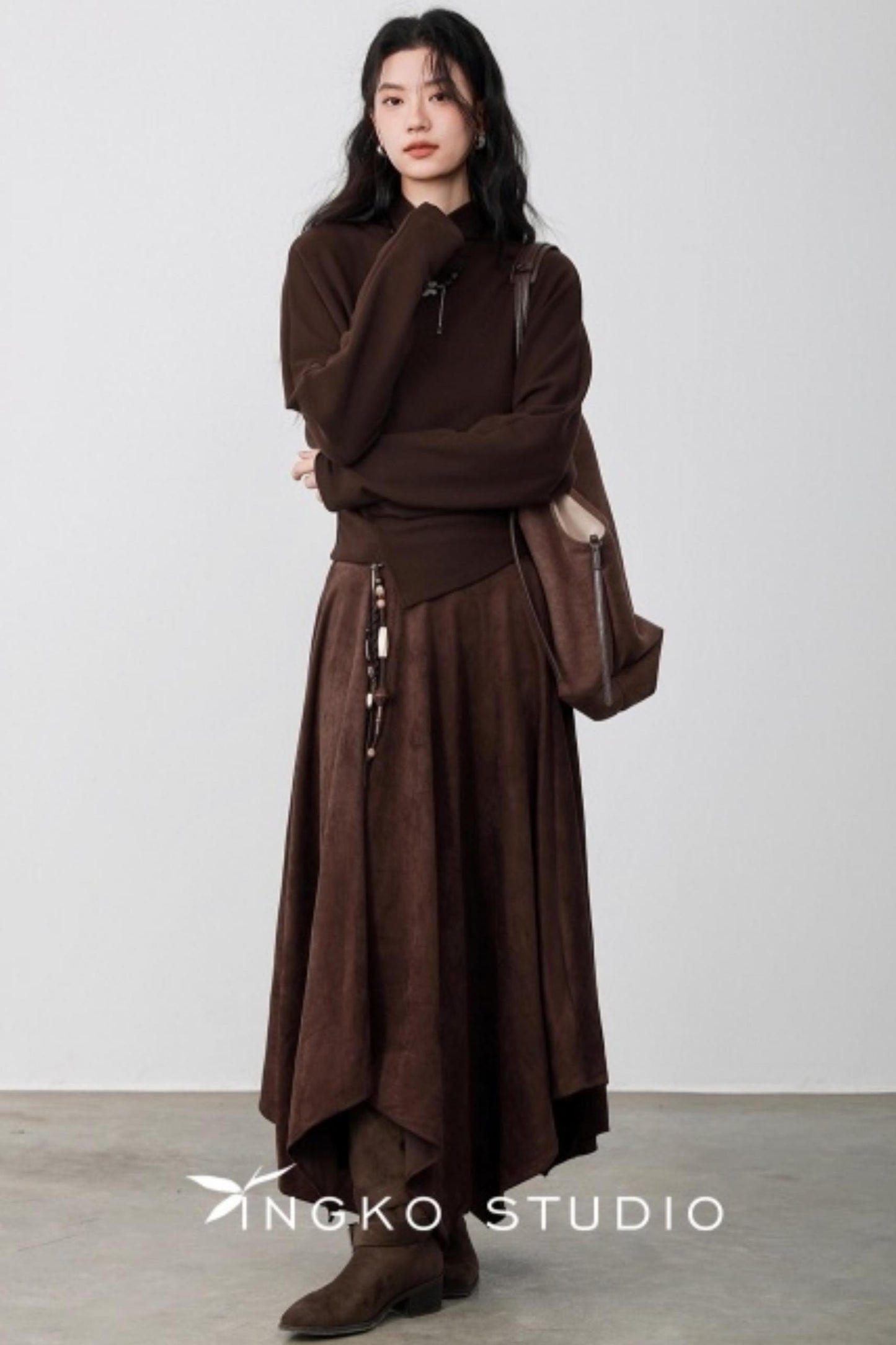 Chestnut Brown Velvet Pleated Top