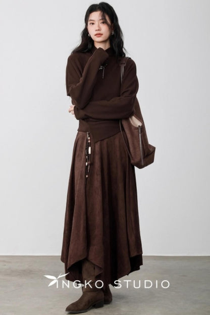 Chestnut Brown Velvet Pleated Top