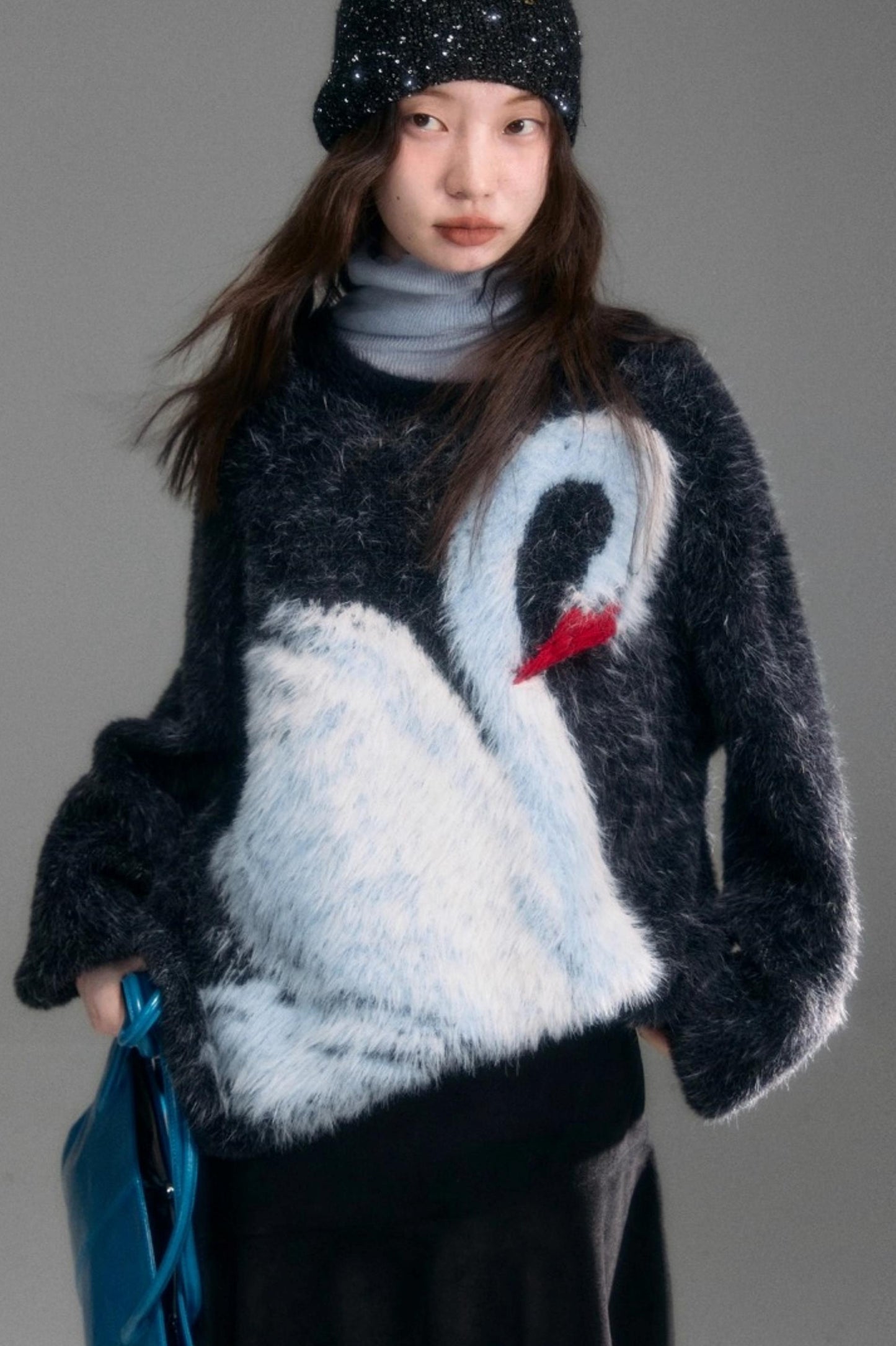 Moonlight Swan Faux Velvet Sweater