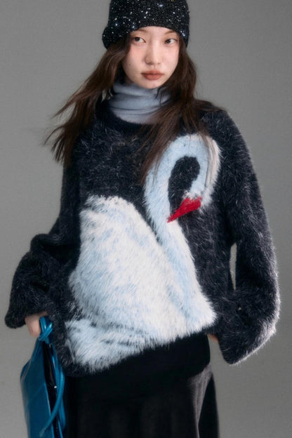 Moonlight Swan Faux Velvet Sweater