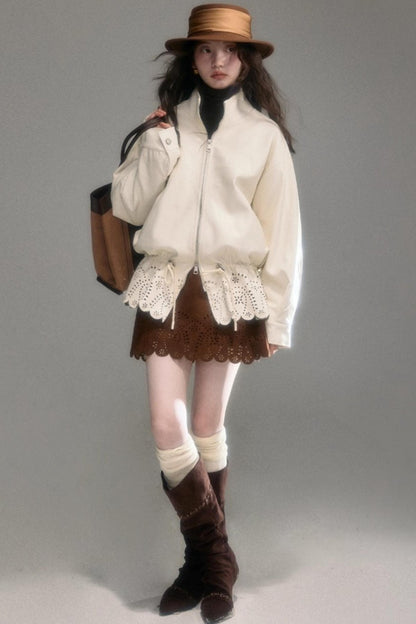 Hollow-Out Floral Leather Jacket