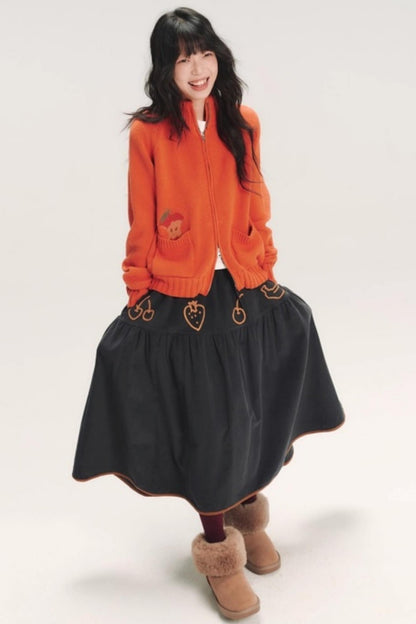 Hand-Painted Apple Embroidery Cardigan