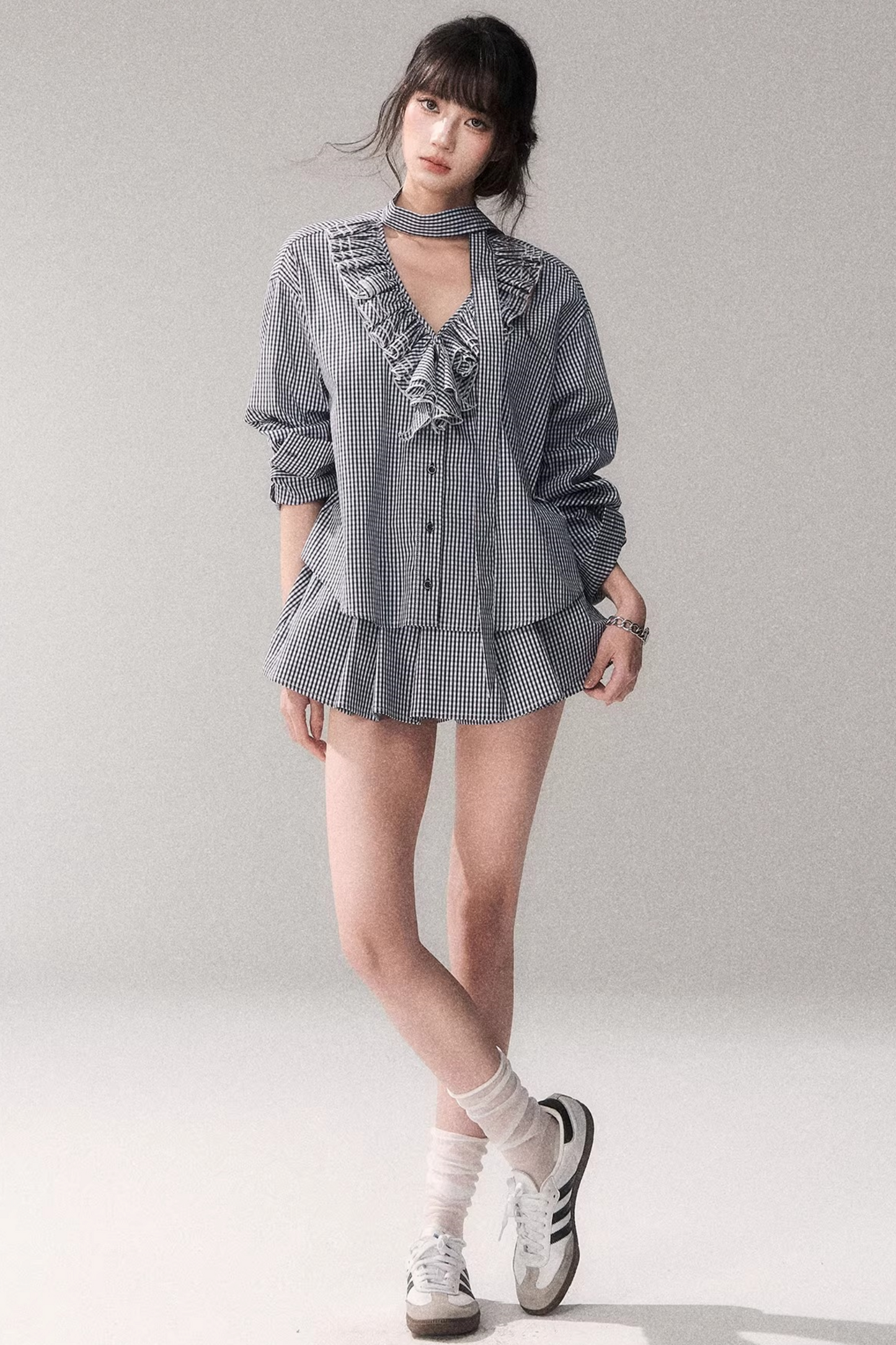 Blue Check Lace Blouse Set-Up