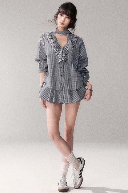 Blue Check Lace Blouse Set-Up