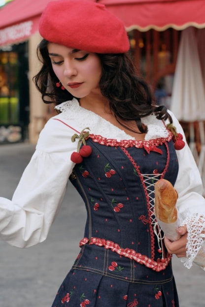 Cherry Embroidery Denim Skirt Set-Up