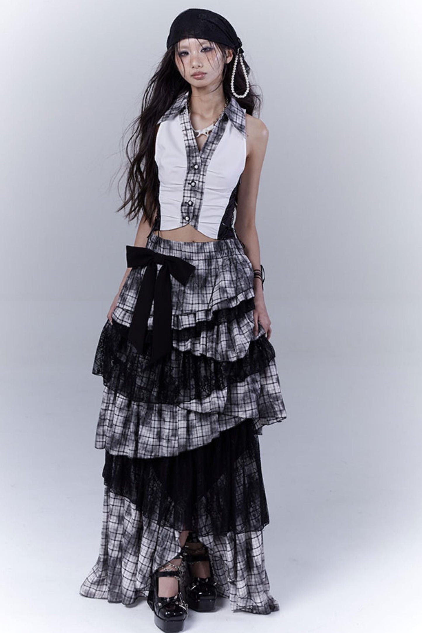 Wilderness Lace-Trimmed Plaid Bustier Skirt