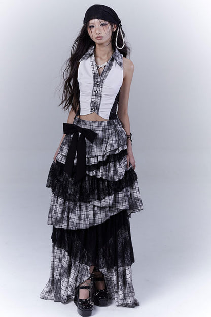 Wilderness Lace-Trimmed Plaid Bustier Skirt