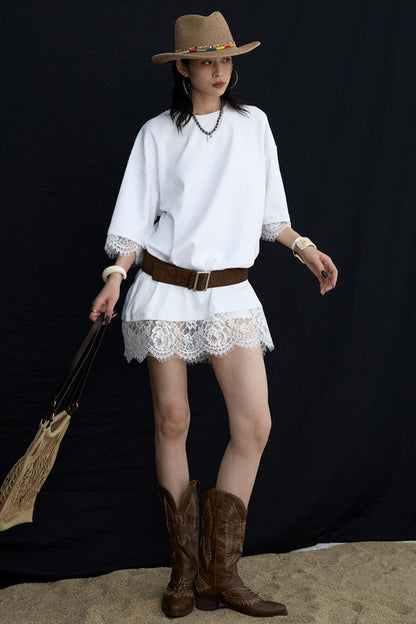 Patchwork Lace Crew Neck Long Top