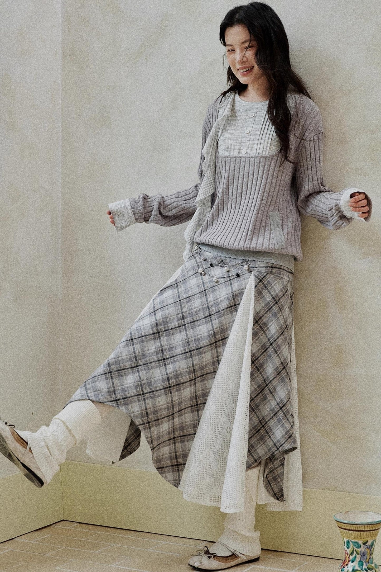 Gray-Brown Two-Tone Plaid Irregular Skirt