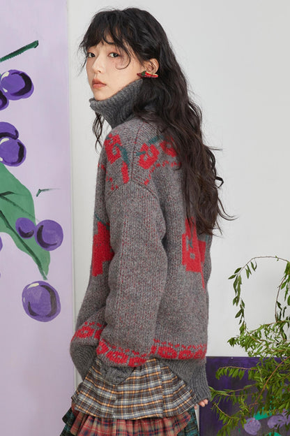 Retro Cherry Jacquard Wool Cardigan