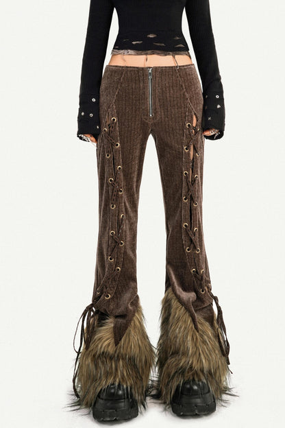 Retro Fur-Trim Corduroy Pants