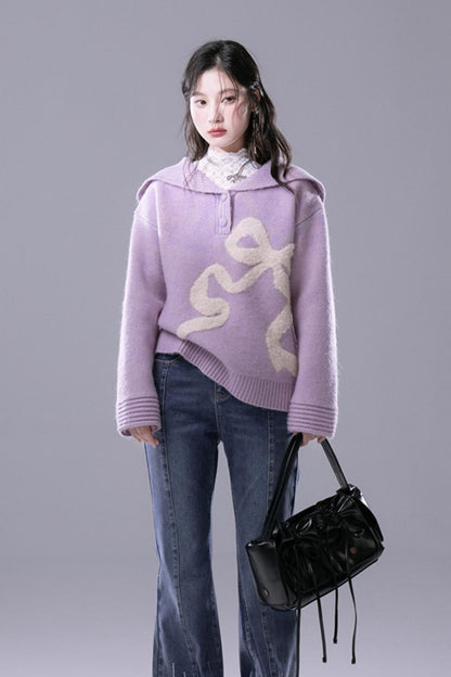 Grape Purple Bow Jacquard Sweater Set