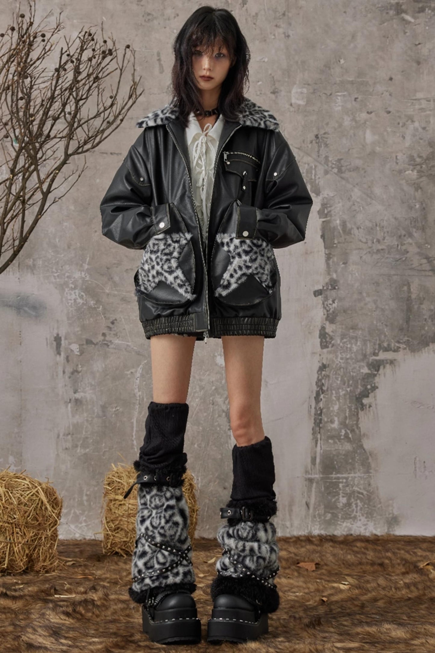 Star Leopard Print Vintage Leather Jacket