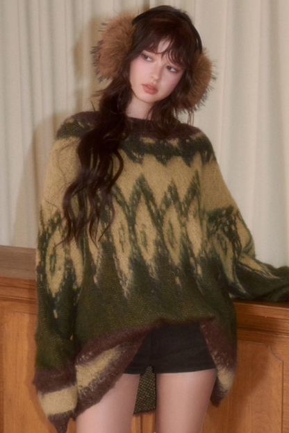 Retro Contrast Jacquard Loose Sweater