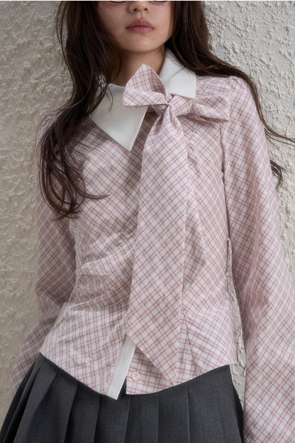 Diagonal Fly Detachable Ribbon Shirt