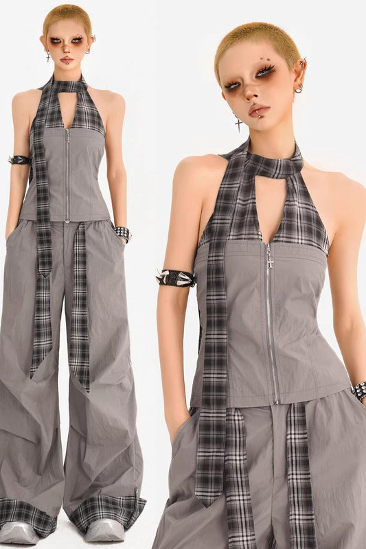 Plaid Halter Vest V-Neck Matching Set