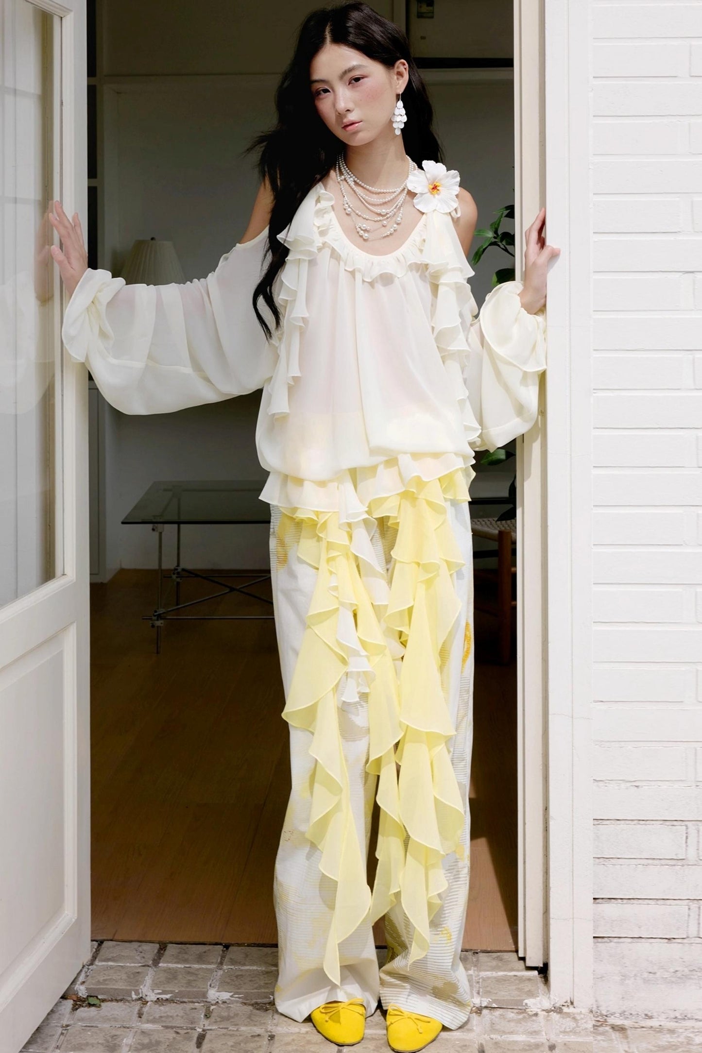 Botanical Ruffle Chiffon Wide-Leg Trousers