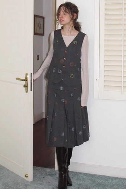 Needle Wool Vest Skirt Set-Up