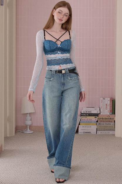 Retro Fashionable Sweet Cuffed Wide-leg Jeans