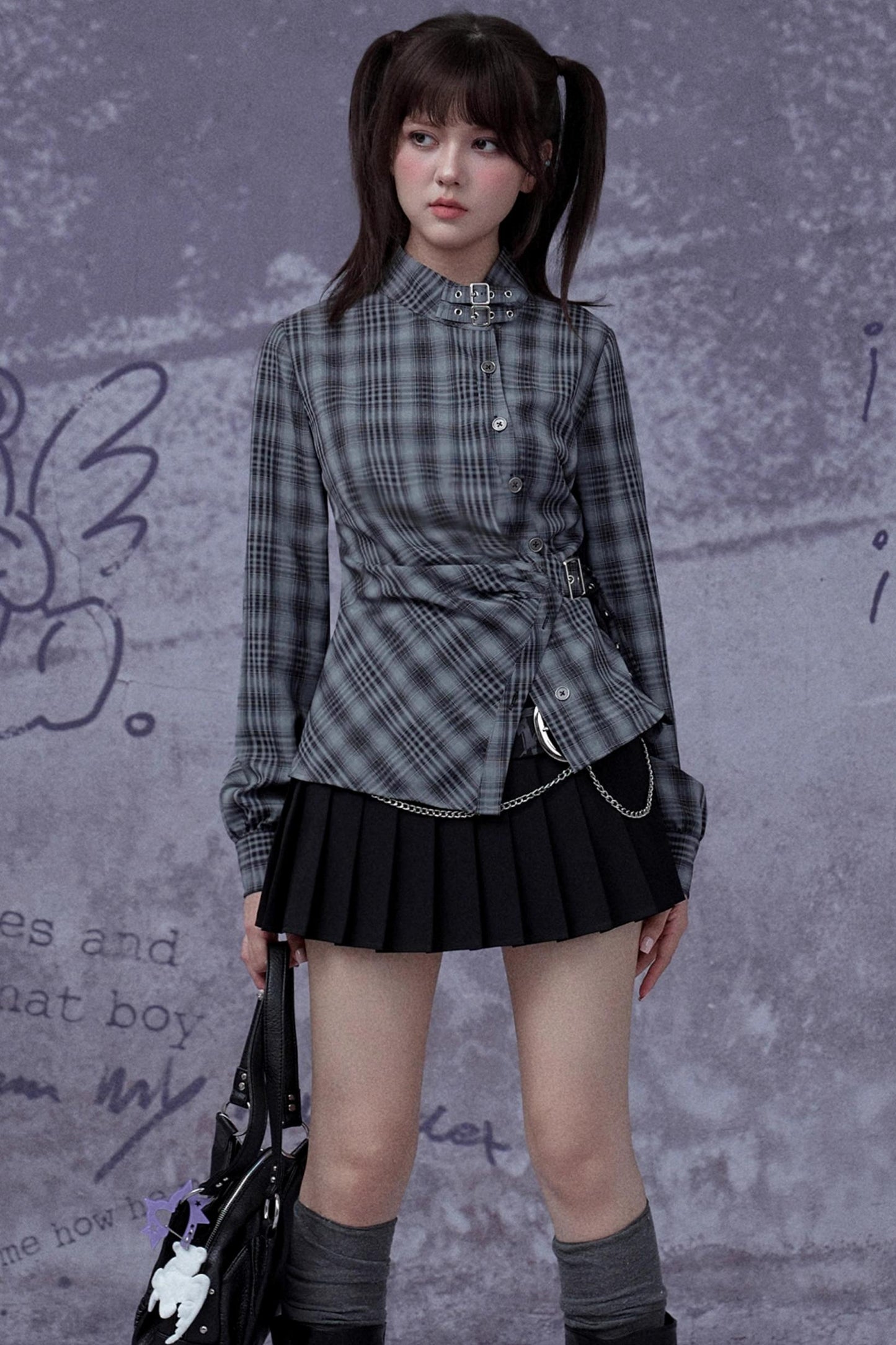Gray-Blue Plaid Placket Long-Sleeved Shirt
