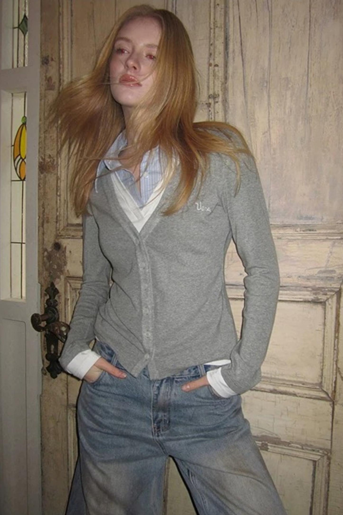 Gray Embroidered Knit Blouse
