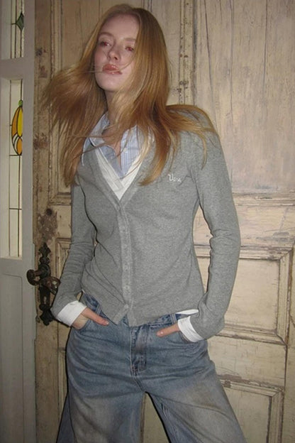 Gray Embroidered Knit Blouse