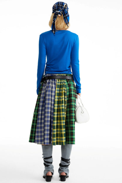 Blue-Green Plaid Pleated Skirt