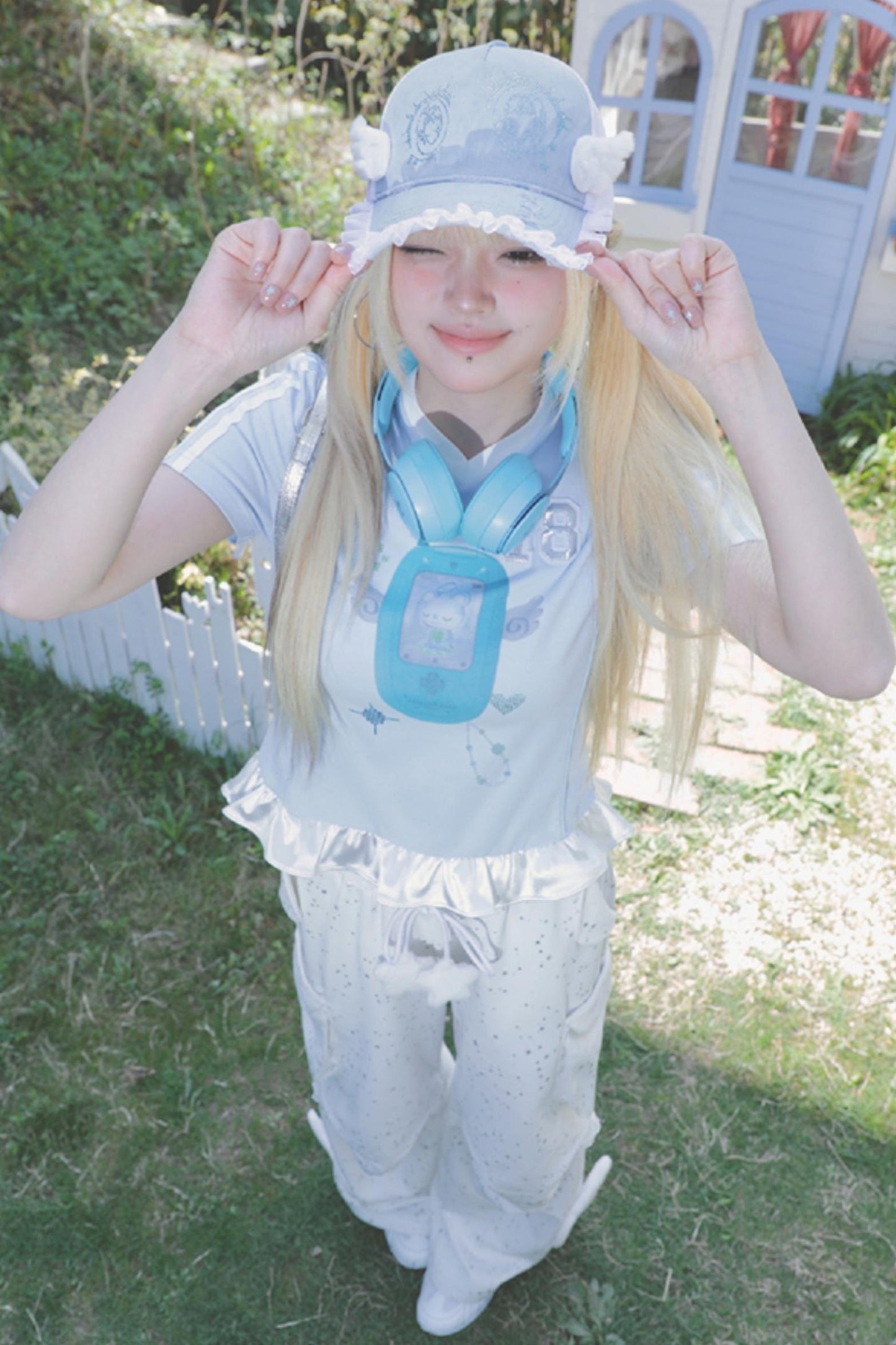 Blue Ruffle V-Neck Tee