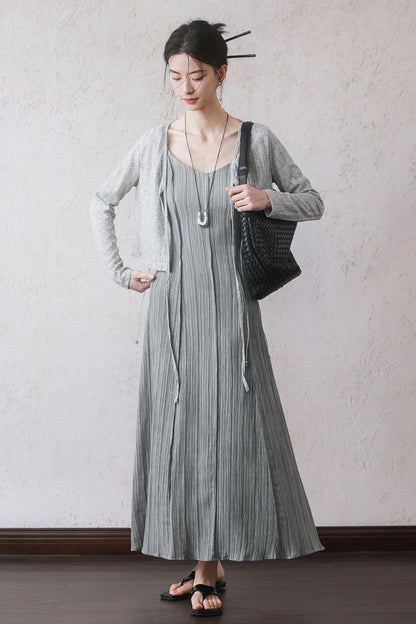 Gray Halter Pleated Dress Set-Up