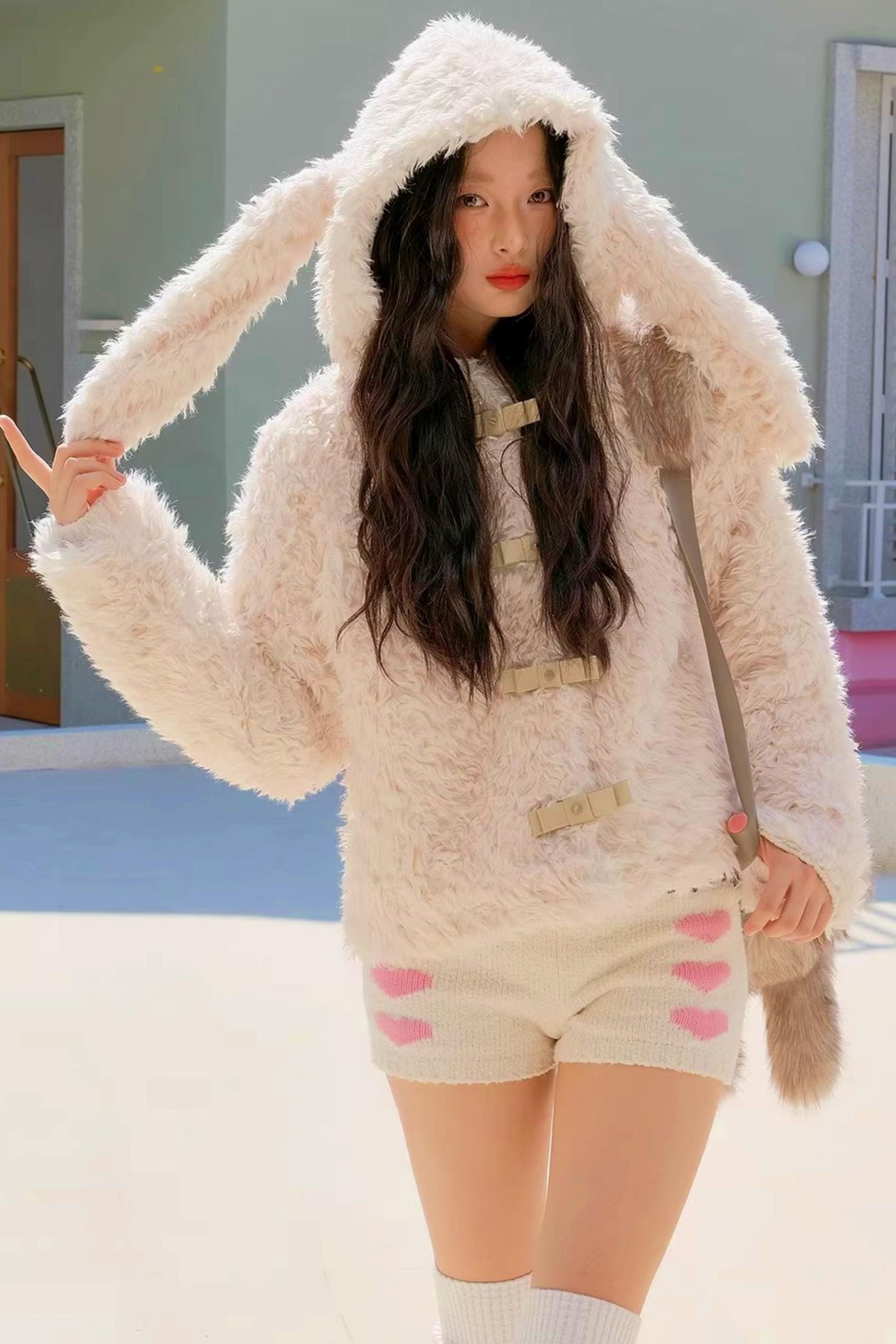 Studded Bow Faux Fur Coat