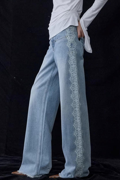 Lace Print Raw Hem Jeans