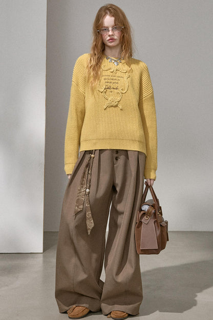 Ribbon Embroidery Crew Neck Top