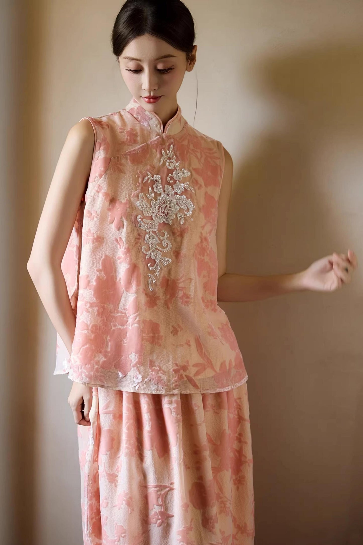 Embroidered Pink Cheongsam Skirt Set-Up