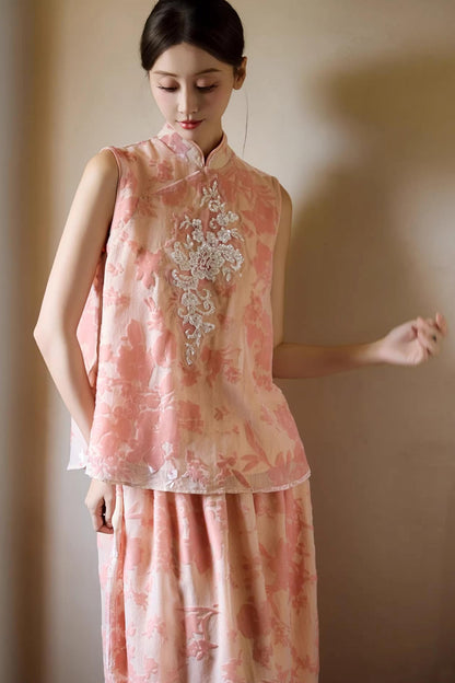 Embroidered Pink Cheongsam Skirt Set-Up