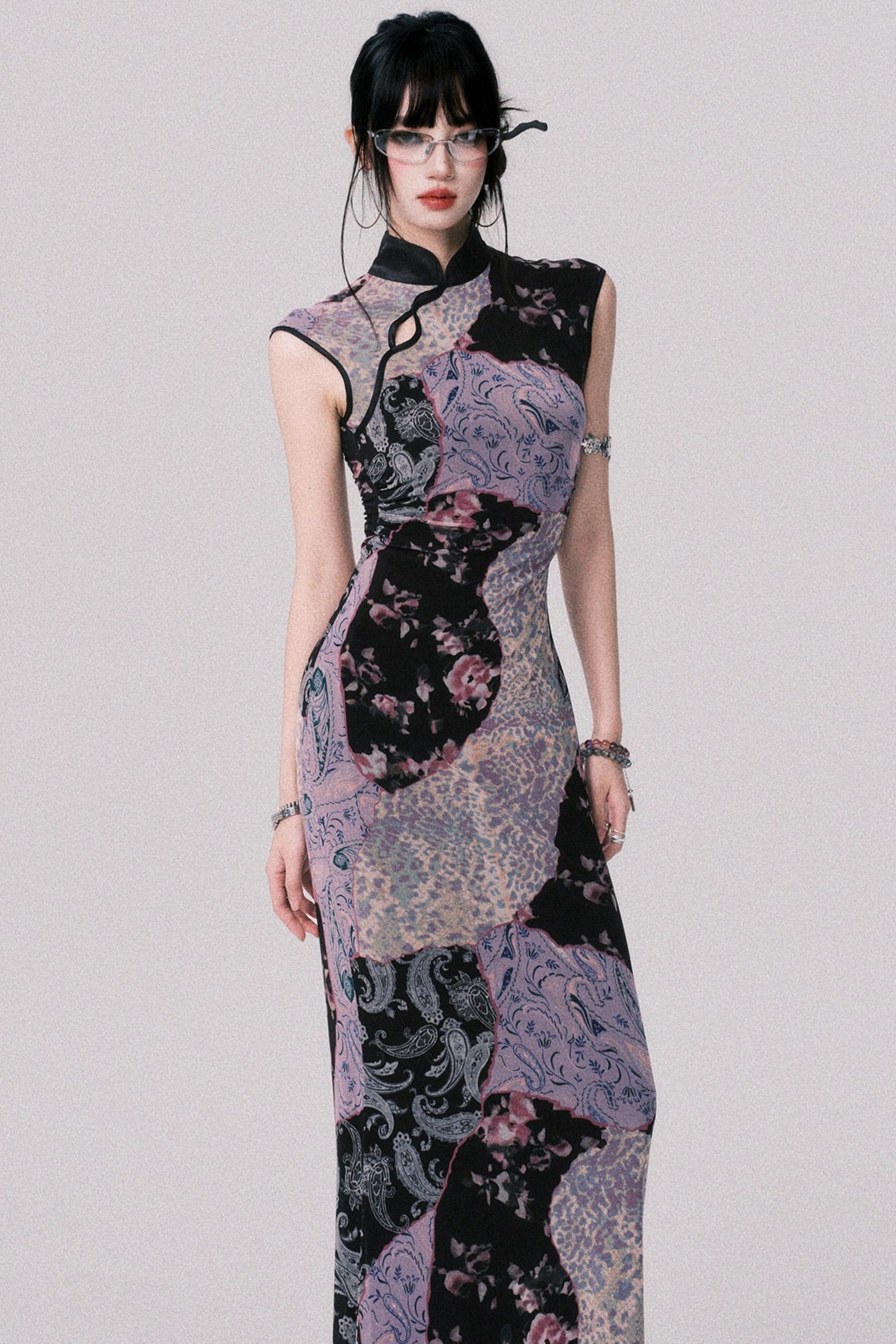 Smokey Purple Color-Blocked Cheongsam Dress