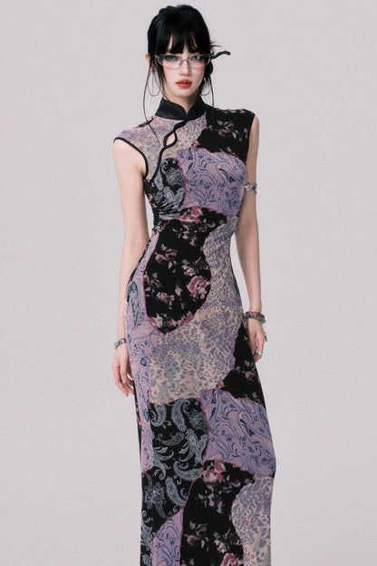 Smokey Purple Color-Blocked Cheongsam Dress