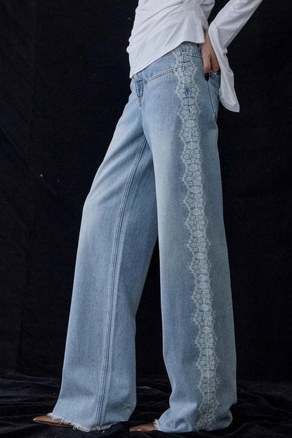 Lace Raw Hem Straight Jeans