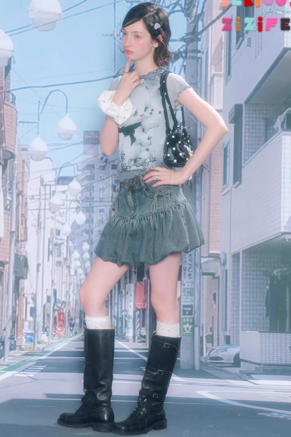 Mesh Plaid Cat Print Top