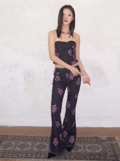 Denim Rose Print Tube Top & Bell Pants