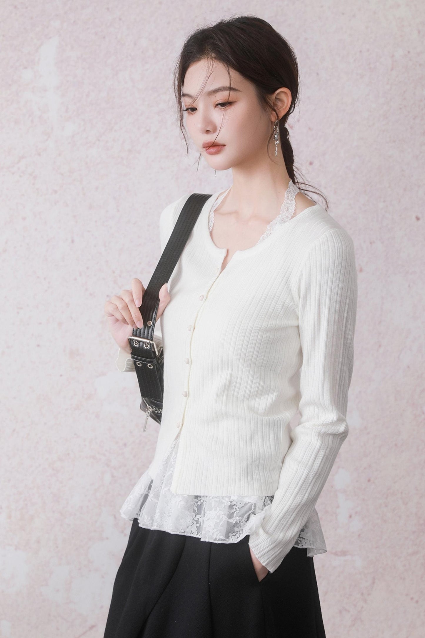 Cloud White Cardigan & Lace Top Set