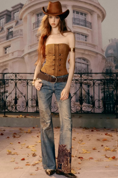 Vintage Pattern Flared Denim Pants