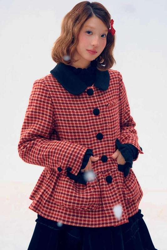 Red Plaid Woolen Short Coat