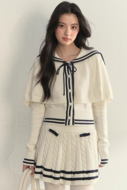 Vintage Navy Twist-Knit Cape Sweater Set-Up