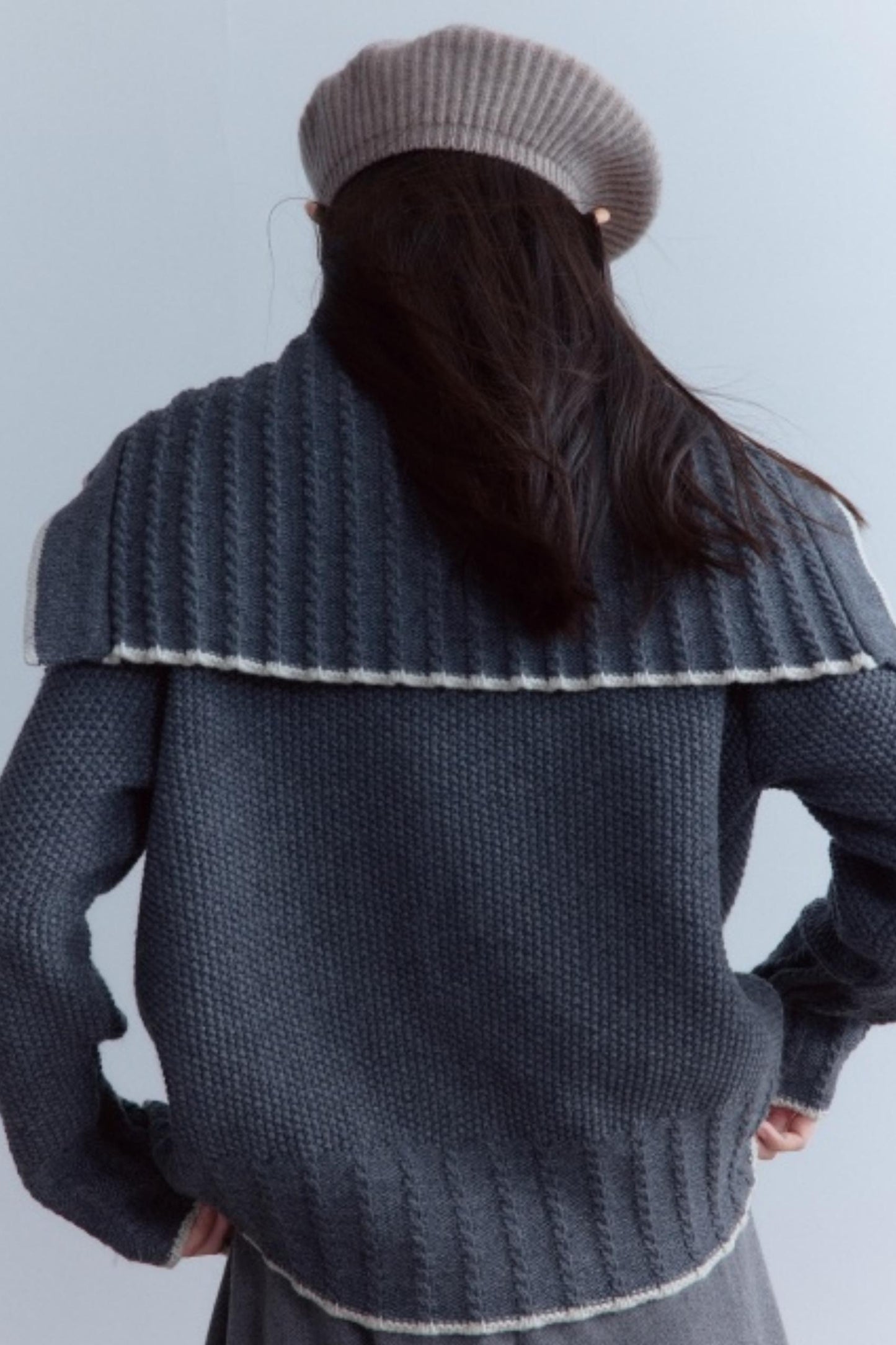 Navy Collar Twisted Rope Woolen Cardigan